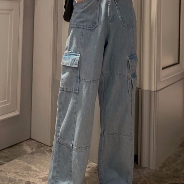 

high waist loose straight side big pocket cargo fashion boyfriend pant women jean korean denim summer baggy streetwear vintage 201105, Blue