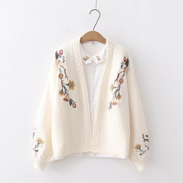 

chic flowers embroidery lantern sleeve cardigan sweater female, White