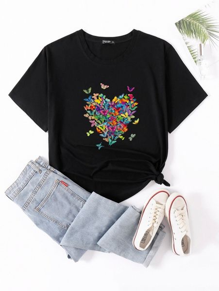 

plus butterfly sleeve tee a70o#, Black