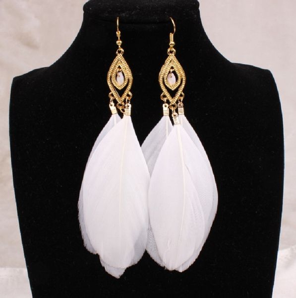 

2020long feather earrings women large crystal earrings black white blue fashion jewelry for women vintage tassels earrings 18k gold plated, Silver
