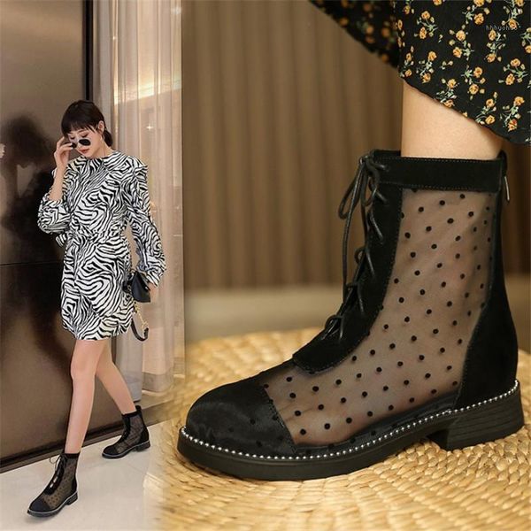 

boots 2021 spring women polka dot mesh cow suede round toe low heel back zipper short tube item no.741-11, Black