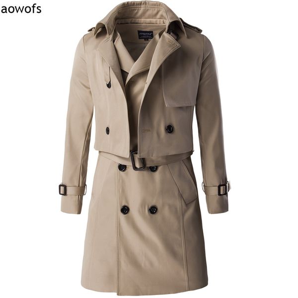

fashion 2019 aowofs exclusive high-end two-piece slim fit trench coat long double-breasted gentleman british with waist belt, Tan;black
