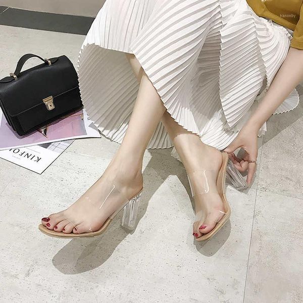 

sandals women's transparent women wear fashion wild 2021 net red high heels crystal thick heel women1, Black