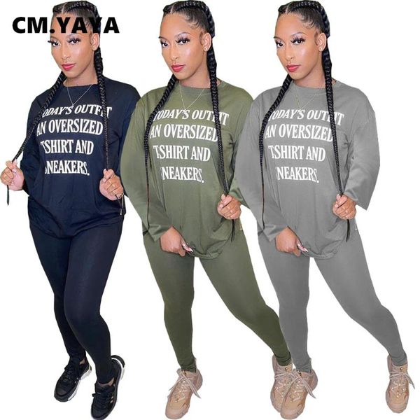 

cm.yaya letter print sportwear women's set long sleeve legging pants set ribbed tracksuit two piece outfit active sweatsuit, Gray