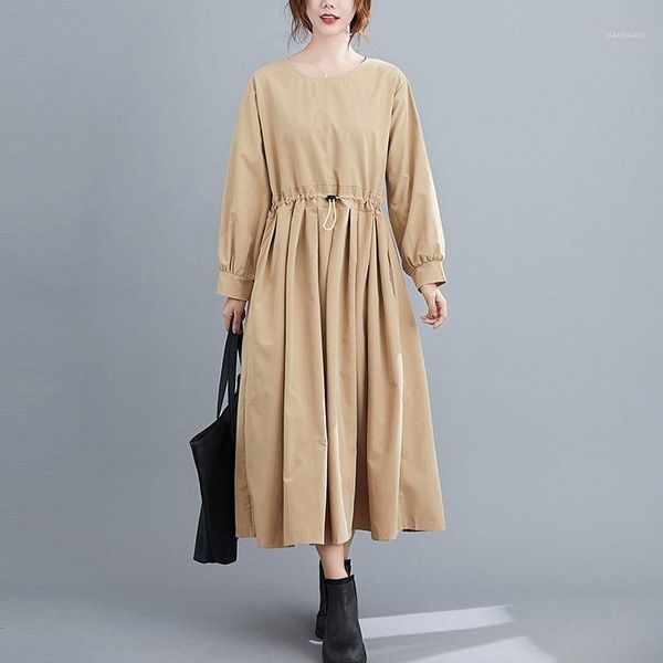 

women casual long dresses new arrival 2020 autumn simple style o-neck solid color loose comfortable ladies a-line dress s24621, Black;gray