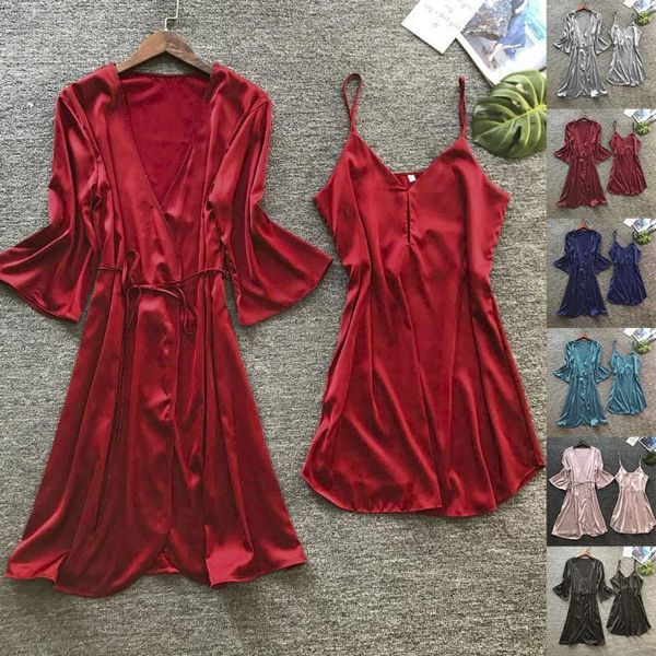 

2020 silk robe & gown set sleepwear women lingerie dressing summer pajamas lace bathrobe lounge sleep set home pijamas1, Black;red
