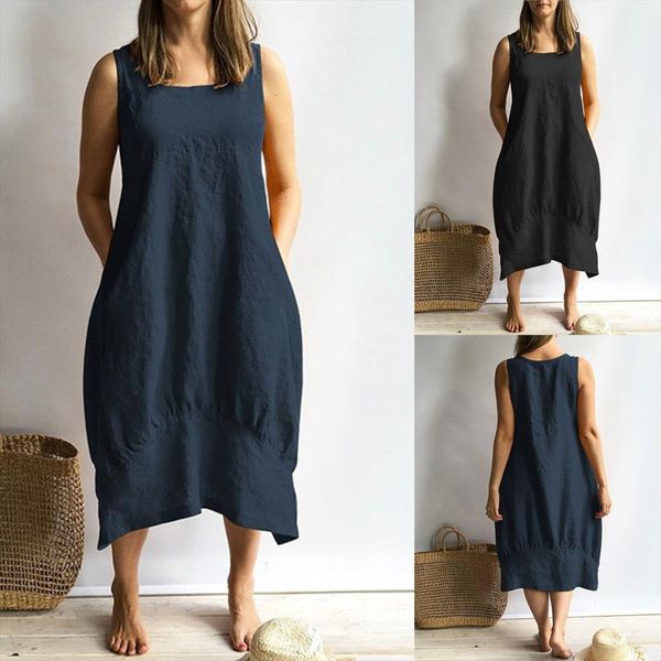 

new fashion dress 2020women casual o neckline solid dress sleeveless loose pocket linen drop shipping, Black;gray