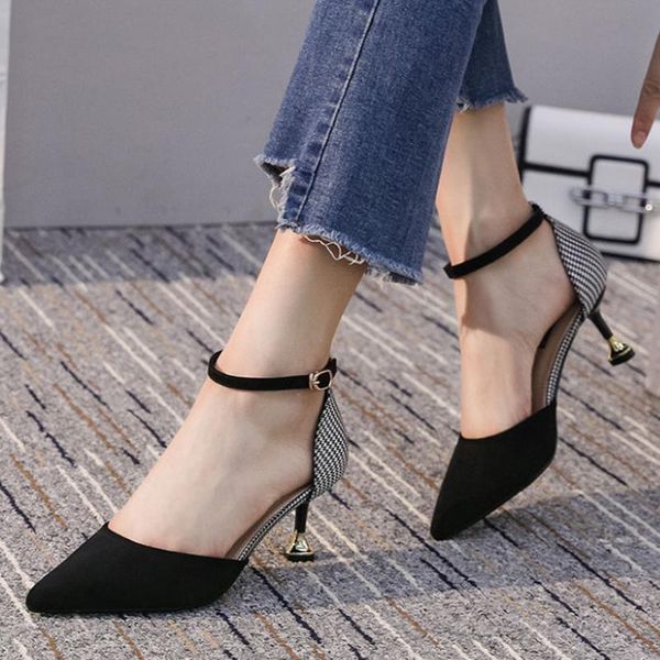 

women fashion black pointed toe flock buckle strap stiletto heels lady classic red heel shoes for party night club zapatos e6006