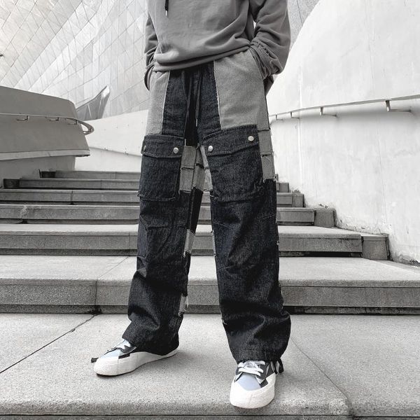 

men's pants aprilmomo autumn and winter denim casual trousers dark loose straight leg stitching trendy, Black