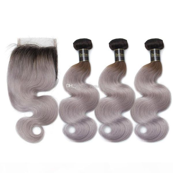 

russian remy hair bundles with lace closure ombre body wave human hair weaves with lace closure sliver gray body wave hair with closure, Black;brown
