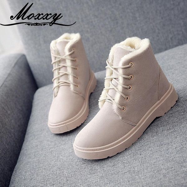 

moxxy 2020 new retro snow boots women casual flat lace up warm fur winter boots plush beige gray black ankle shoes woman
