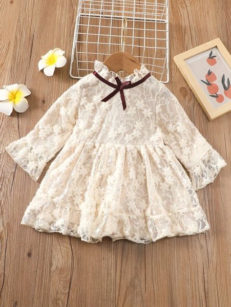 

baby flounce sleeve ruffle hem bow neck lace dress she, Red;yellow