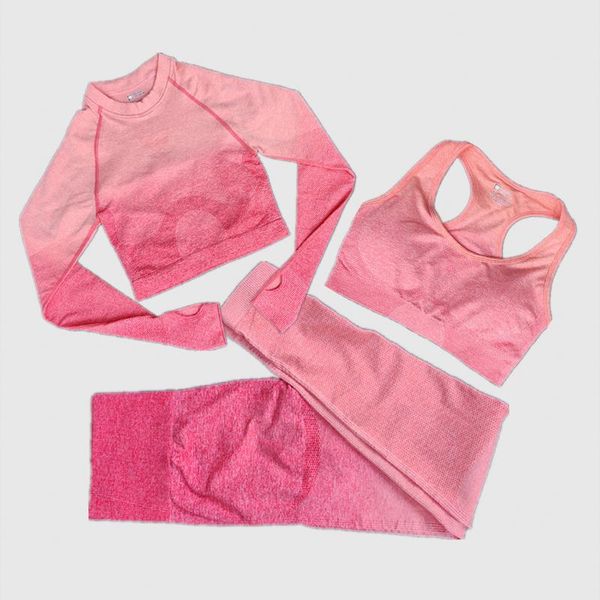 

женщины йога set gym ombre gradient бесшовные высокой талией леггинсы + топ с длинным рукавом + бюстгальтер тренировки спортивный костюм фит