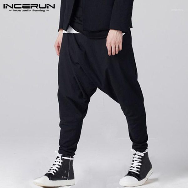 

incerun men harem pants solid button streetwear joggers drop-crotch trousers men fashion punk loose casual pants bottoms 20201, Black