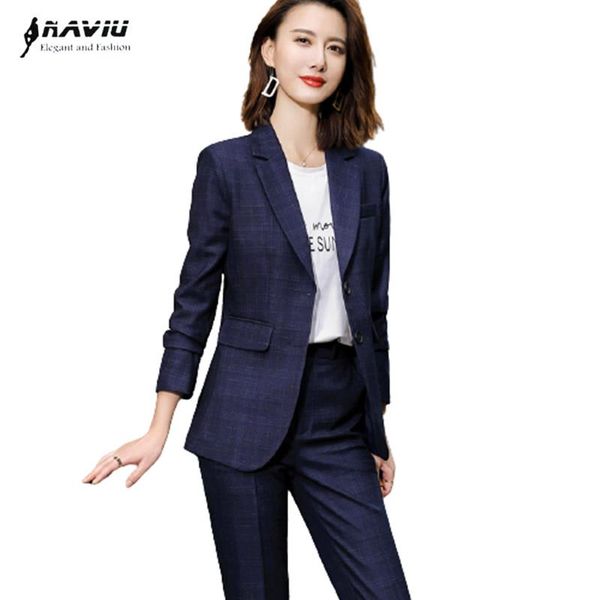 

women's two piece pants navy blue plaid suits women higt eed formal interview business slim blazer and office ladies fashion work wear, White