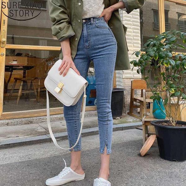 

streetwear blue denim split cuff jeans women high waist jeans skinny fashion 2020 fall female pencil pants women 104041