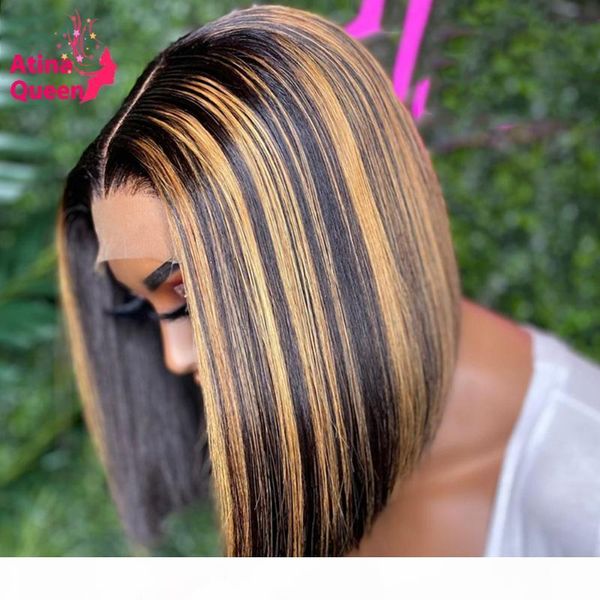 

brown ombre honey blonde transparent lace front wigs pre plucked short bob hd lace wig colored wig human hair glueless remy, Black;brown