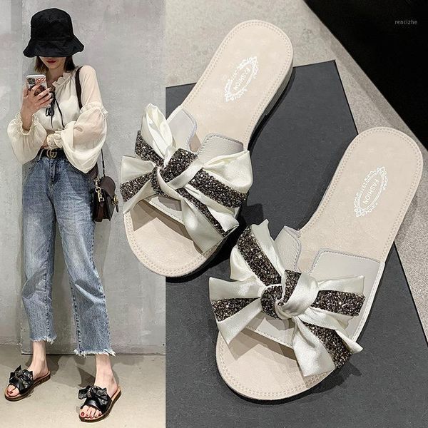 

slippers womens summer open toe slipper genuine leather crystal bow shoes zapatos de mujer women indoor outdoor femme pantoufles1, Black