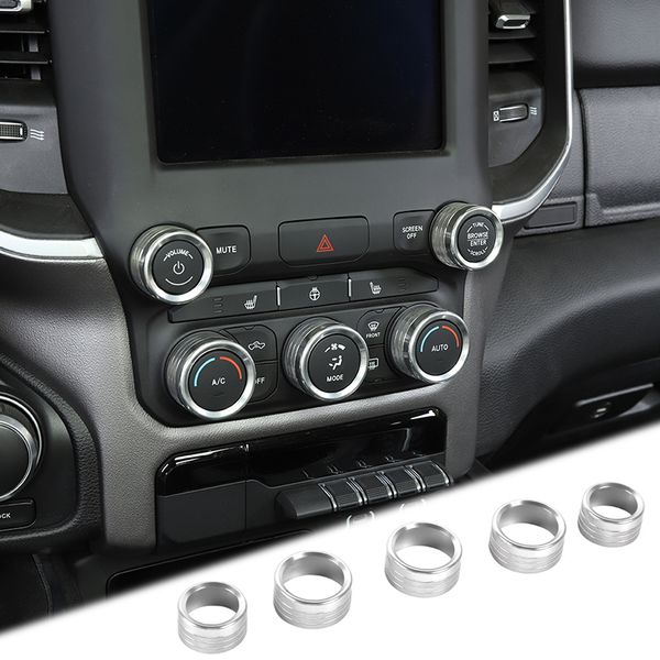 Copertura della manopola dell'interruttore della radio AC della console centrale in lega di alluminio per Dodge RAM 2018 2019 2020, 5 pezzi Argento