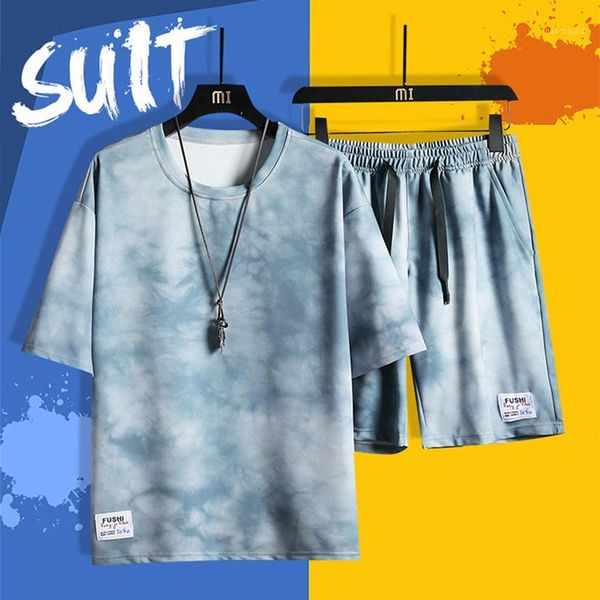 

running sets sports clothing men training set jogging workout fitness tie dye sportswear t shirt with shorts men1, Black;blue