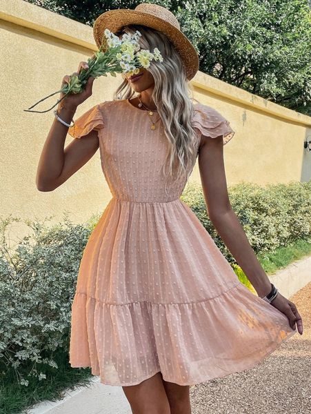 

swiss dot ruffle trim dress 40t8#, Black;gray