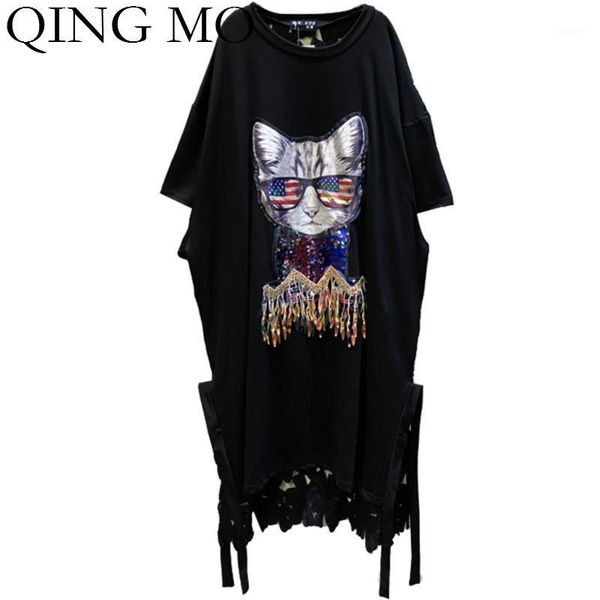 

qing mo black women cat dress with sequin 2020 summer women streetwear loose dress with tassel female hollow out zqy36111, Black;gray