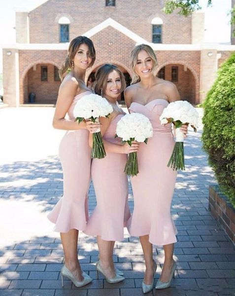 

light pink mermaid bridesmaid dresses sweetheart tea length prom gowns maid of honor wedding party dress custom made l77, White;pink