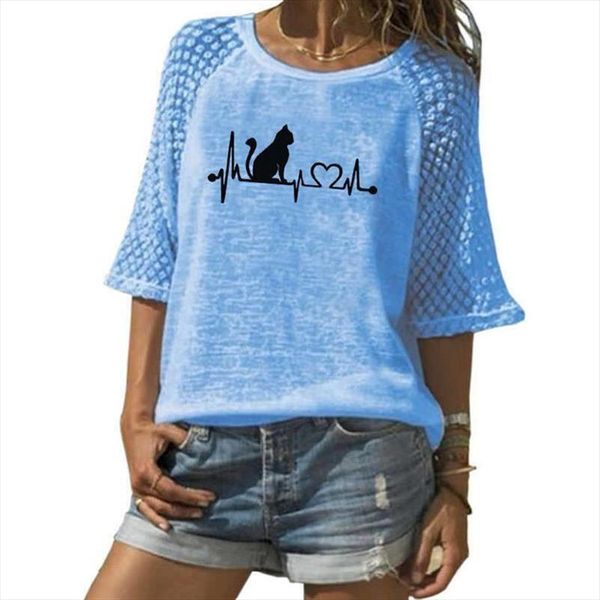 

new arrival lace crew neck t shirt cat letters print t shirt for women plus size female women punk femme funny, White