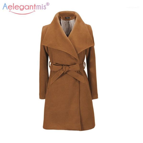 

women's wool & blends aelegantmis 2021 autumn winter woman coat long blend coats women fashion turn-down collar trench khaki with belt1, Black