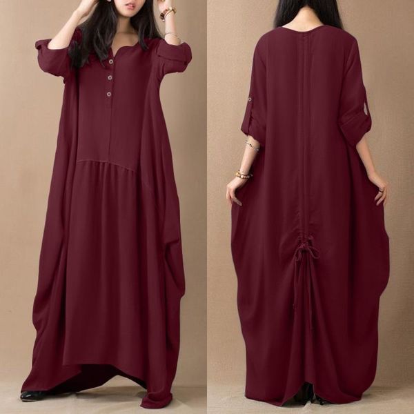 

women's drawstring sundress zanzea 2020 vintage solid baggy maxi dress casual long sleeve vestidos female button robe plus size, Black;gray
