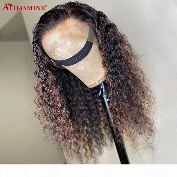 

ombre brown wig 13x6 lace front human hair wigs for women with elastic band 360 lace frontal wig braziliam remy kinky curl, Black;brown