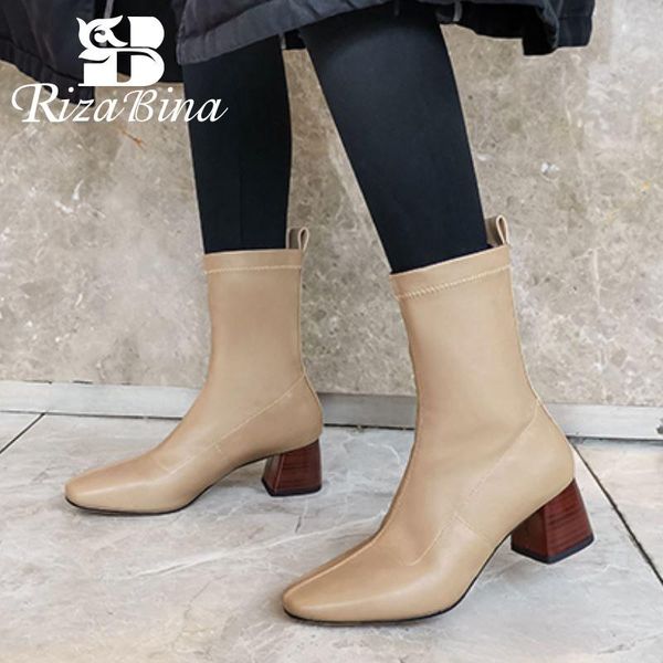 

rizabina new women half short boots thick heel square toe women winter shoes fashion party boots footwear size 34-39, Black