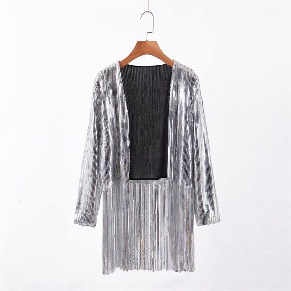

2020 spring women's new round neck seven-point sleeves heavy industry sequins hem fringed cardigan casual temperament jacket1, Black;brown