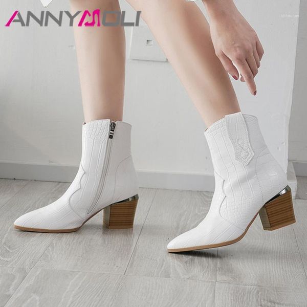 

boots annymoli winter ankle women zipper block high heels western fashion pointed toe shoes ladies large white size 33-461, Black