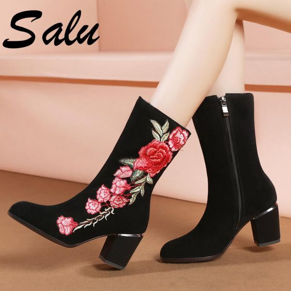 

salu new women mid-calf boots autumn winter warm cow suede high heels shoes woman round toe zipper embroider quality shoes, Black