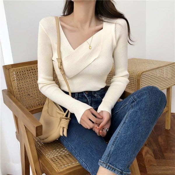 

one-piece retro chic cross design skinny women sweater v neck irregular long sleeve knit pull femme autumn winter pullover 1, White;black