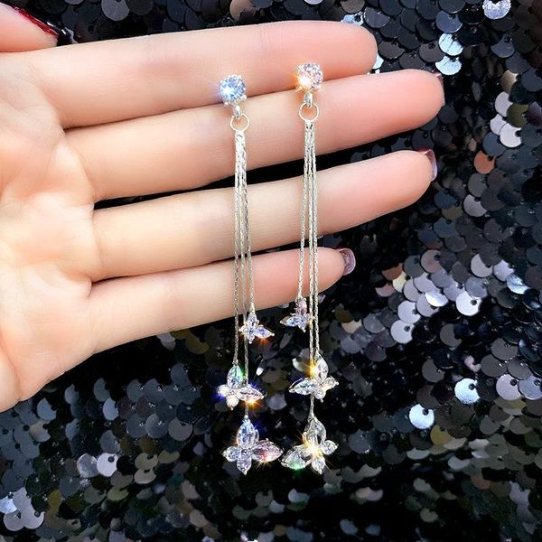 

ladies earrings korean light luxury hypoallergenic zircon butterfly long tassel ear fall suitable for women ear jewelry pendants, Golden;silver