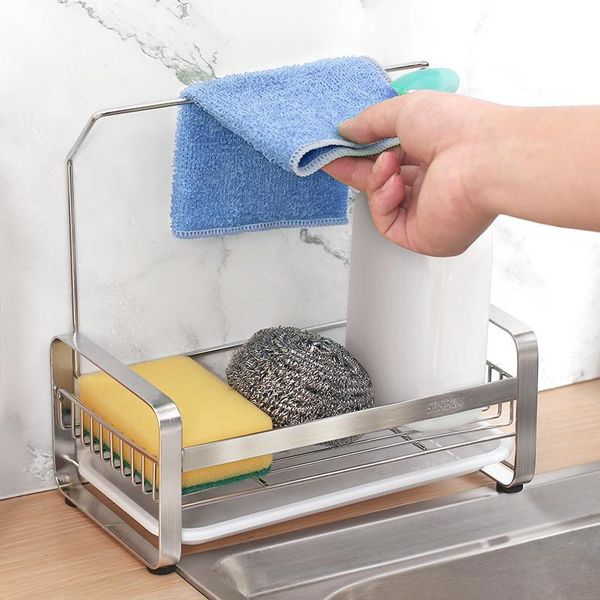 

large sponge drain holder kitchen sink dish brush soap organizer rack stainless steel hanging basket punch-storage rack with tray