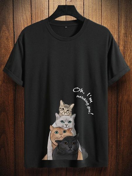 

men cat & slogan graphic tee s9sw#, White;black