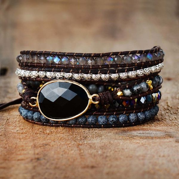 

native inspired designer leather bracelet black onyx mix 5 strands woven wrap bracelets bohemian bracelet dropship t200323, Golden;silver