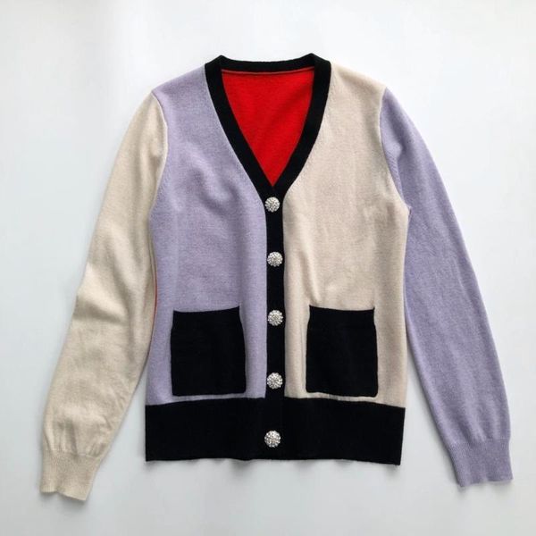 

color patchwork women knitted cardigan singlw-breasted diamond buttons lady sweater female knitwear coat early autumn winter1, White