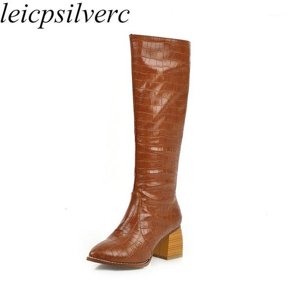 

women's boots autumn winter high heel pointed toe zip knee high motorcycle shoes pu 2020 new fashion black big size 34-471