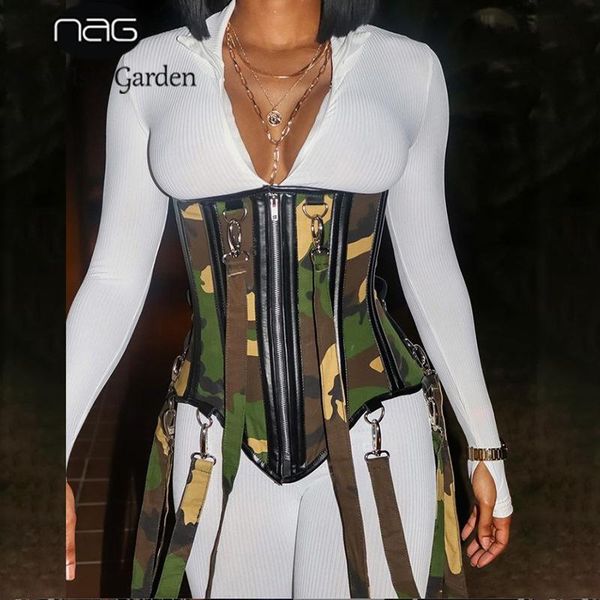

newasia corset fashion strapless sleeveless zipper camouflage print belt bodycon off shoulder blouse women club outfits, White
