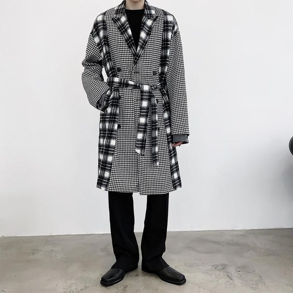 

мужской streetwear vintage повседневная trench куртка шинель мужчины хаундстут сращивания plaid длинные сыпучие шерстяной trenchcoat верхняя, Black