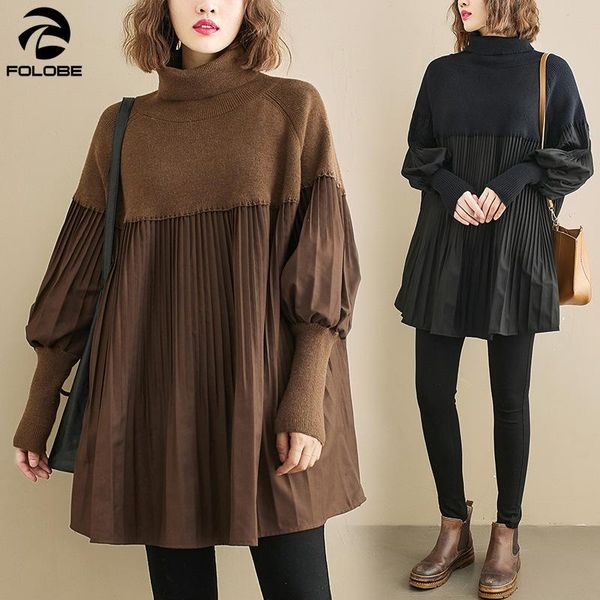 

folobe 2021 осень зимний свитер платья женщин турбель длинный фонарь рукав свободные пэчворки плиссированные а-линия платья плюс размер, White;black