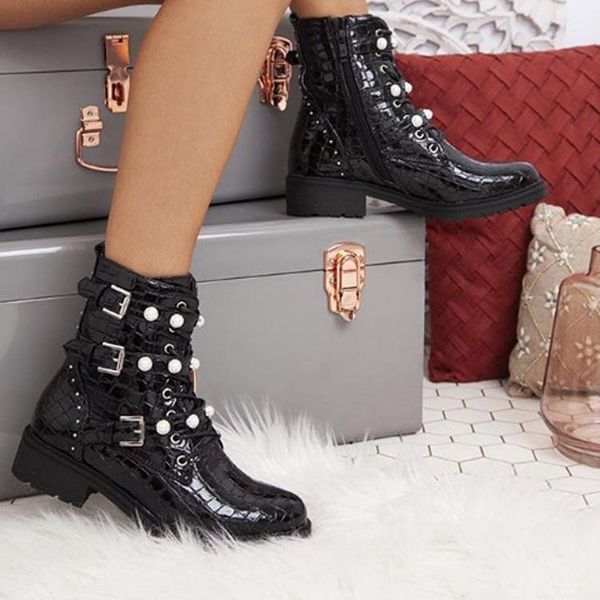 

2020 fall/winter new large size low tube boots children's thick heel retro pearl lace-up women's boots women shoes1, Black