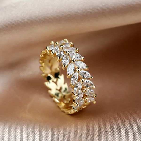 

luxury female white leaf crystal ring yellow gold silver color engagement ring vintage bride zircon wedding rings for women, Slivery;golden
