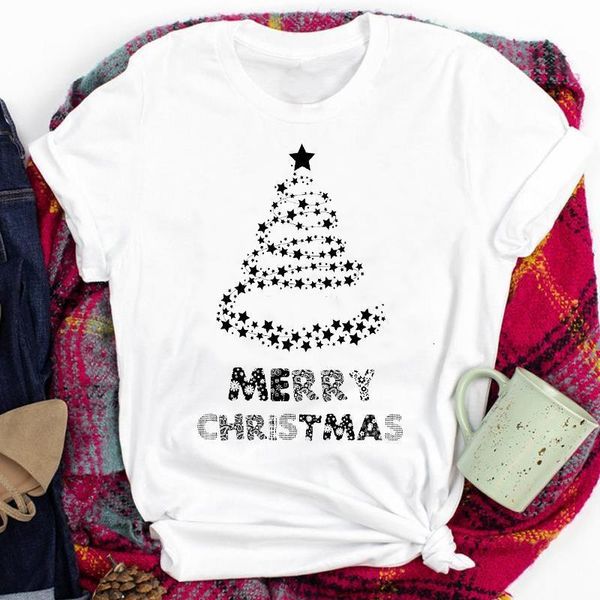 

merry christmas star tree gift print t shirt women short sleeve o neck loose tshirt summer women tee shirt camisetas mujer, White