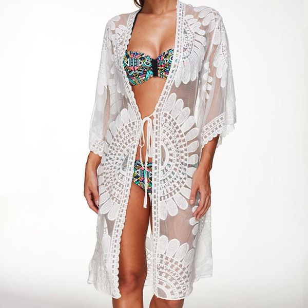 

women's blouses & shirts beach cover up floral embroidery bikini swimwear women robe cardigan bathingsuit black white beige color