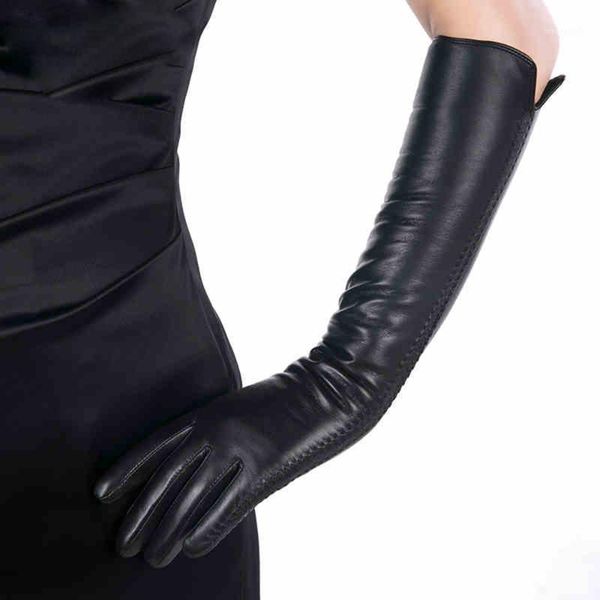 

five fingers gloves klss brand genuine leather women black elegant lady long sheepskin glove goatskin trend 22-451, Blue;gray